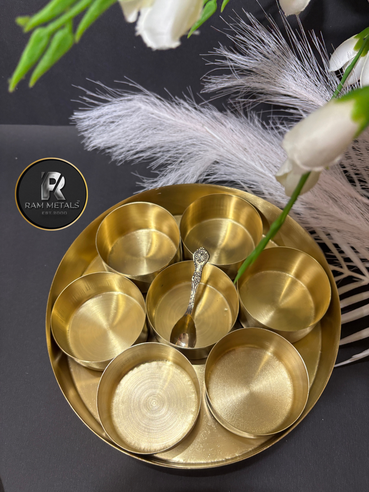 Premium Etching Brass Masala Box with Lid and Spice Containers - Handcrafted Brass Spice Storage Box Manufacturer in India